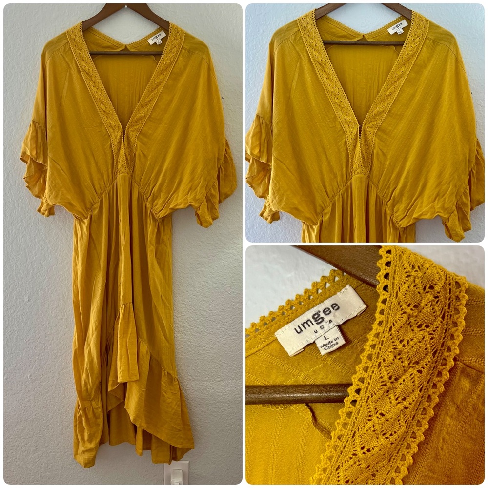 Umgee Mustard Yellow High Low Boho Cotton Rayon Dress Size Large